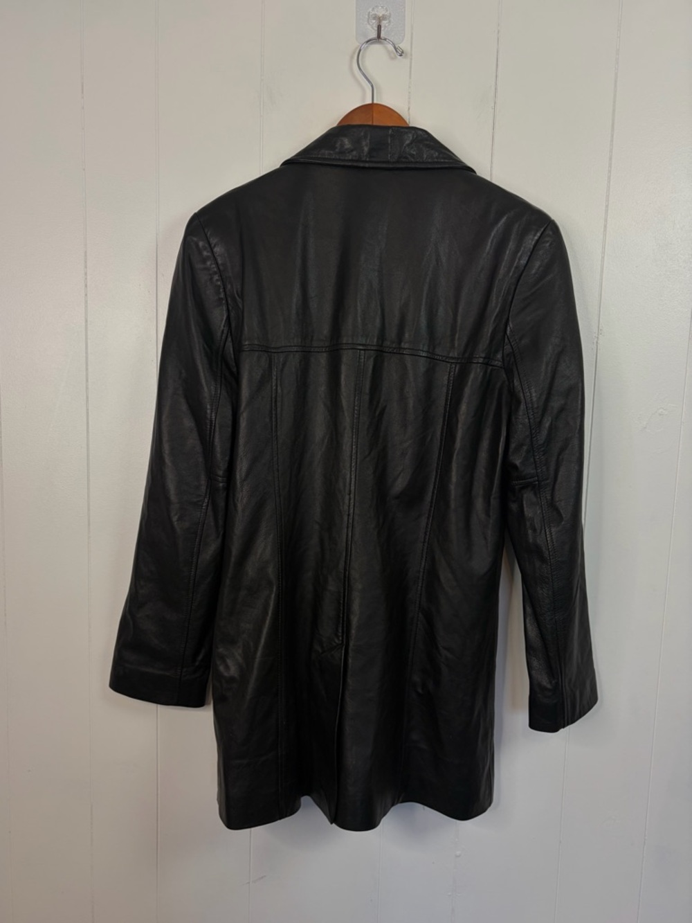 Vintage 90s Black Long Blazer Leather Jacket Coat Minimalist Womens Size Small - Picture 6 of 15